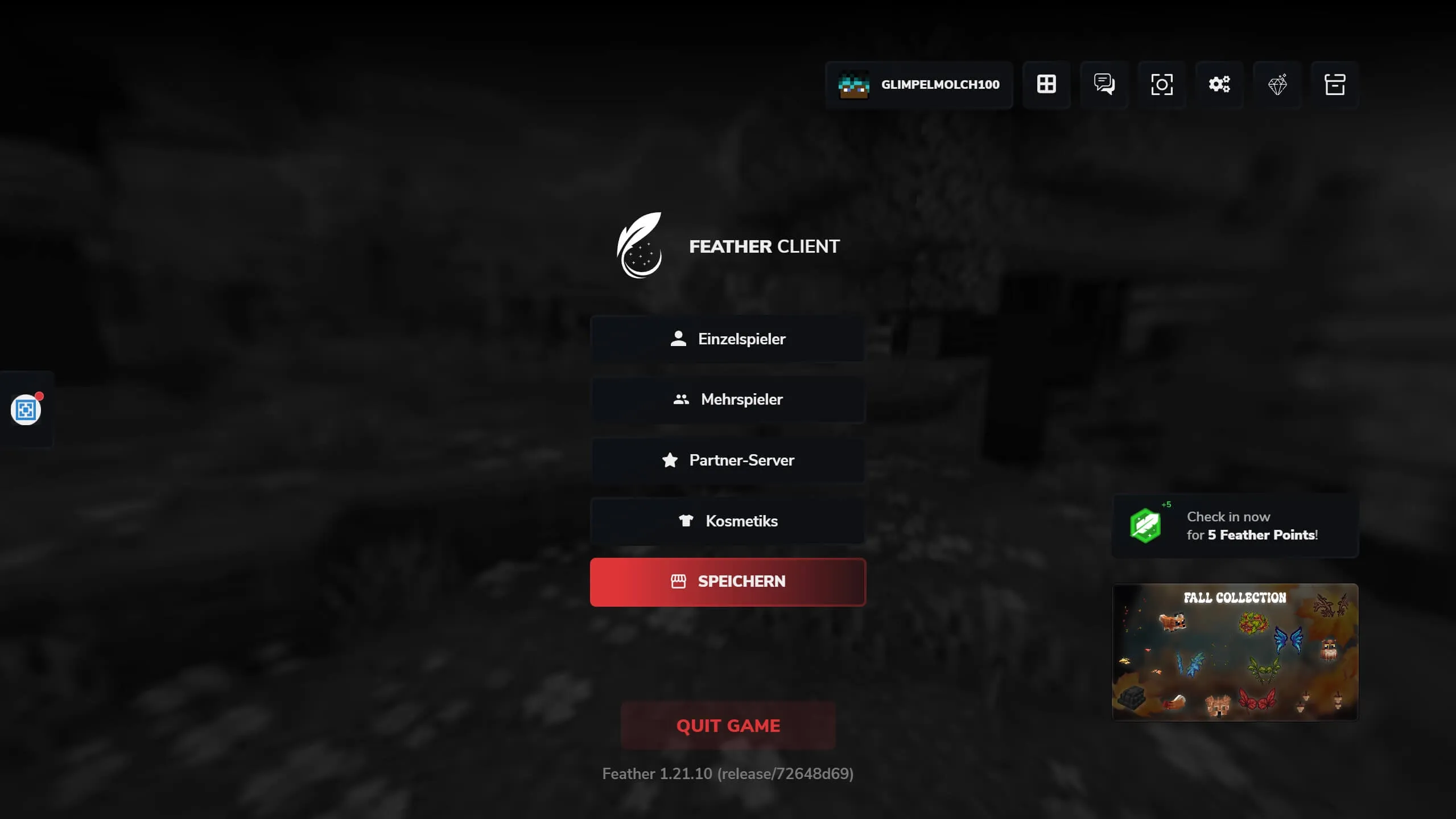 Startbildschirm des Minecraft Feather-Client in der Minecraft-Version 1.21.10