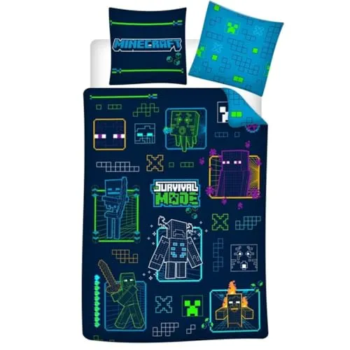 AYMAX Bettwäsche Minecraft Neon für Kinder, Bettbezug 140 x 200 cm + Kissenbezug 63 x 63 cm