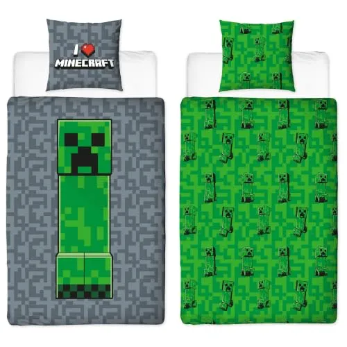 Bettwäsche 135x200 Flanell, Biber, Minecraft, kuschelig weich für Winter, 1x Kissenbezug 80x80 + Bettbezug 135x200, 100% Baumwolle, Kinderbettwäsche Gaming