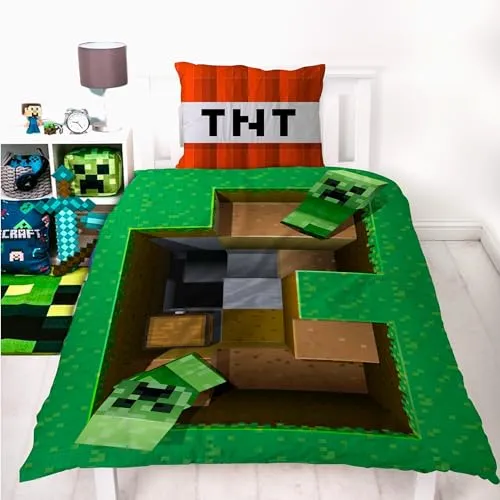 Familando - Minecraft Bettwäsche-Set (2-teilig) – Decken- & Kissenbezug 135x200 cm & 80x80 cm mit Reißverschluss – 100% Baumwolle Renforcé – Wendemotiv mit Creeper-Blöcken – Öko-TEX Zertifiziert