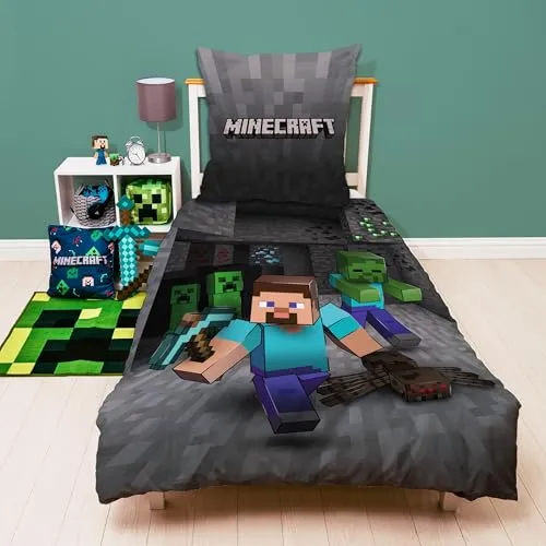 Familando – Minecraft Ores Bettwäsche-Set (2-teilig) – Decken- & Kissenbezug 135x200 cm & 80x80 cm mit Reißverschluss – Mikrofaser – Wendemotiv mit Steve & Creeper – Öko-TEX Zertifiziert