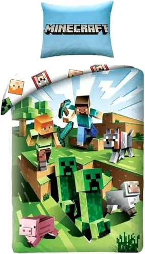 Halantex Minecraft Bett Set Kakteen die rennen Cactus Baumwolle Bettbezug 140x200cm Und Kissenbezug 70x90cm Original