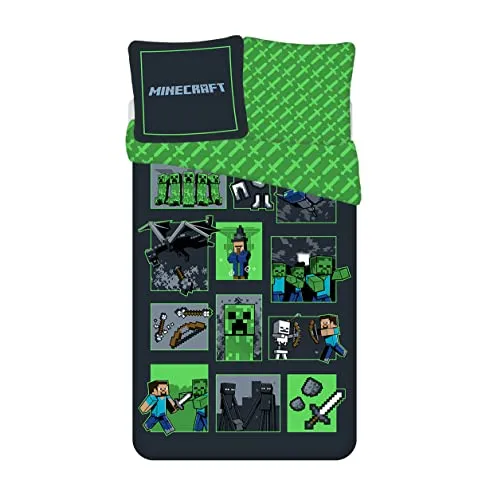 Jay Franco Bettwäsche Minecraft Survival Mode, 100% Baumwolle, Bettbezug 140 x 200 cm + Kissenbezug 65 x 65 cm