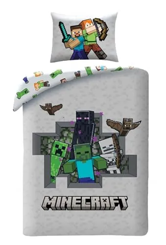 Kinder Bettwäsche Wendebettwäsche Kinderbettwäsche Öko-Tex Bettbezug 140x200 und Kissenbezug 70x90 Minecraft mit Alex und Steve