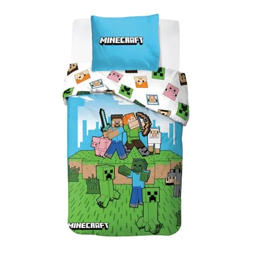 Minecraft Bettwäsche 135x200 + 80x80 cm – Offiziell lizenziert, 100% Baumwolle, Öko-Tex Zertifiziert, Reißverschluss – Kuschelig & Atmungsaktiv für Kinder