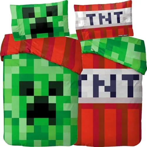 Minecraft Bettwäsche Creeper TNT 135x200 cm + 80x80 cm 100% Baumwolle Biber/Flanell Wendemotiv warm weich Kinderbettwäsche Jungen Mädchen Fanartikel YKK Reißverschluss Geschenk