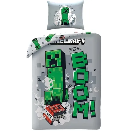 Minecraft Bettwäsche-Set Creeper Boom, wendbarer Bettbezug 140 x 200 cm + 1 Kissenbezug 70 x 90 cm, 100% Polyester, Mehrfarbig