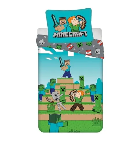 Minecraft Bettwäsche-Set für Einzelbett, Bettbezug 140 x 200 cm + großer Kissenbezug 70 x 90 cm, 100% Baumwolle, weiche und atmungsaktive Bettwäsche für Kinder, wendbarer Minecraft-Bettbezug mit