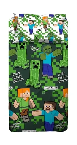 Minecraft Bettwäsche-Set für Einzelbett, Bettlaken, Spannbettlaken, Kissenbezug, Grün, 100% Baumwolle, offizielles Produkt