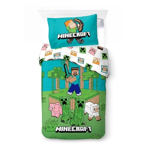 Minecraft Bettwäsche Set Jungle Explore 135x200 cm – Wende-Bettbezug mit Kissenbezug 80x80 cm – Offizielles Lizenzprodukt – Kinderbettwäsche aus 100% Baumwolle– Geschenk für Jungen & Mädchen