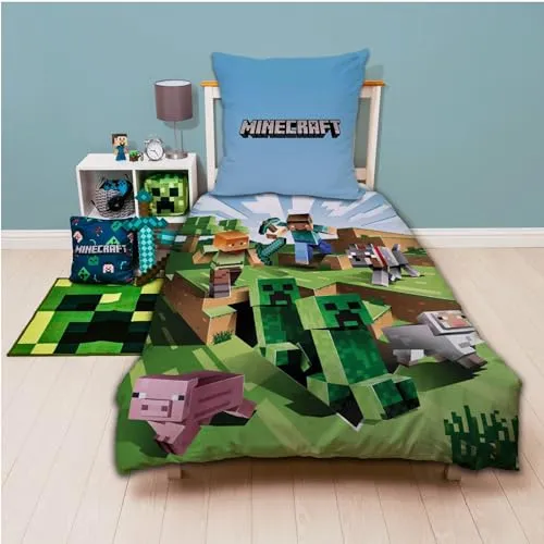 Minecraft Bettwäsche-Set – Decken- & Kissenbezug 135x200 cm & 80x80 cm mit Reißverschluss – 100% Baumwolle Renforcé – Wendemotiv mit Steve, Alex & Creeper – Öko-TEX Zertifiziert