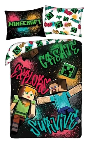 Minecraft Graffiti Steve Alex Kinderbettwäsche 140x200 + Kissenbezug Junge