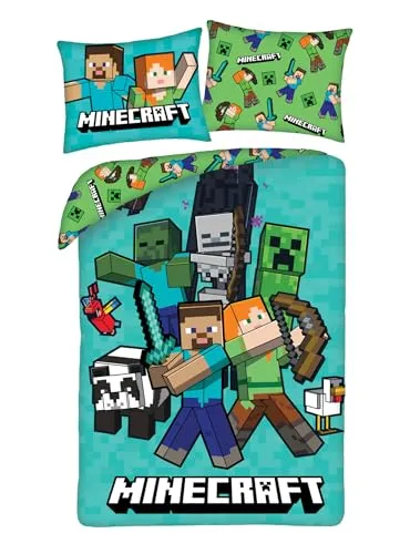 Minecraft Kinderbettwäsche 140x200 + Kissenbezug 70x90 Steve Alex Creeper