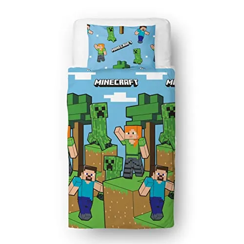 Minecraft Offizielles Einzel-Bettdecken-Set, episches Design | Blauer wendbarer 2-seitiger Bettbezug Offizielles Lizenzprodukt einschließlich passendem Kissenbezug, Blau