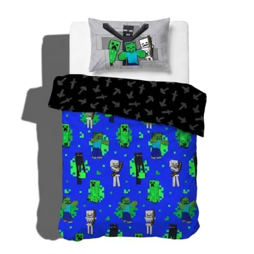 Minecraft Videospiel Kinder Bettwäsche-Set 100% Baumwolle für Jungen, Blau