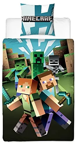 Minecraft Wende-Bettwäsche City 135 x 200 cm + 80 x 80 cm 100% Baumwolle Linon/Renforcé-Qualität Kinderbettwäsche Creeper TNT Zombie Crafting Enderman Skelett Enderdrache 2 Motive Reißverschluss