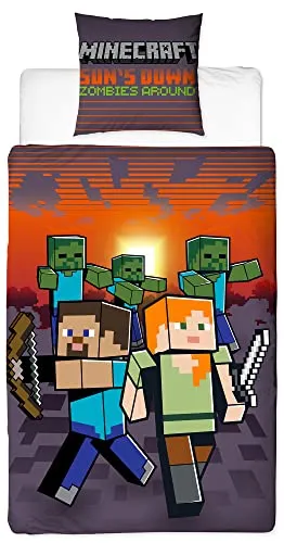 Minecraft Wende-Bettwäsche Sundown 135 x 200 + 80 x 80 cm 100% Baumwolle Renforcé-Linon-Qualität Kinderbettwäsche TNT Zombie Crafting Skelett Creeper Enderman Enderdrache 2 Motive Reißverschluss