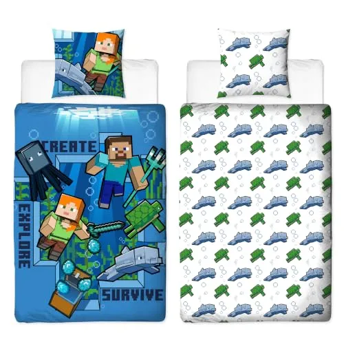 MTOnlinehandel Minecraft Bettwäsche Unterwasserwelt, 135 x 200 cm + 80 x 80 cm, Wendemotiv, 100% Baumwolle, Kinder- und Jugendbettwäsche