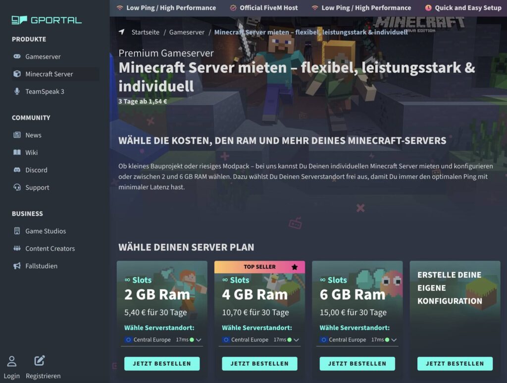 G-Portal - günstige Minecraft-Server aus Deutschland