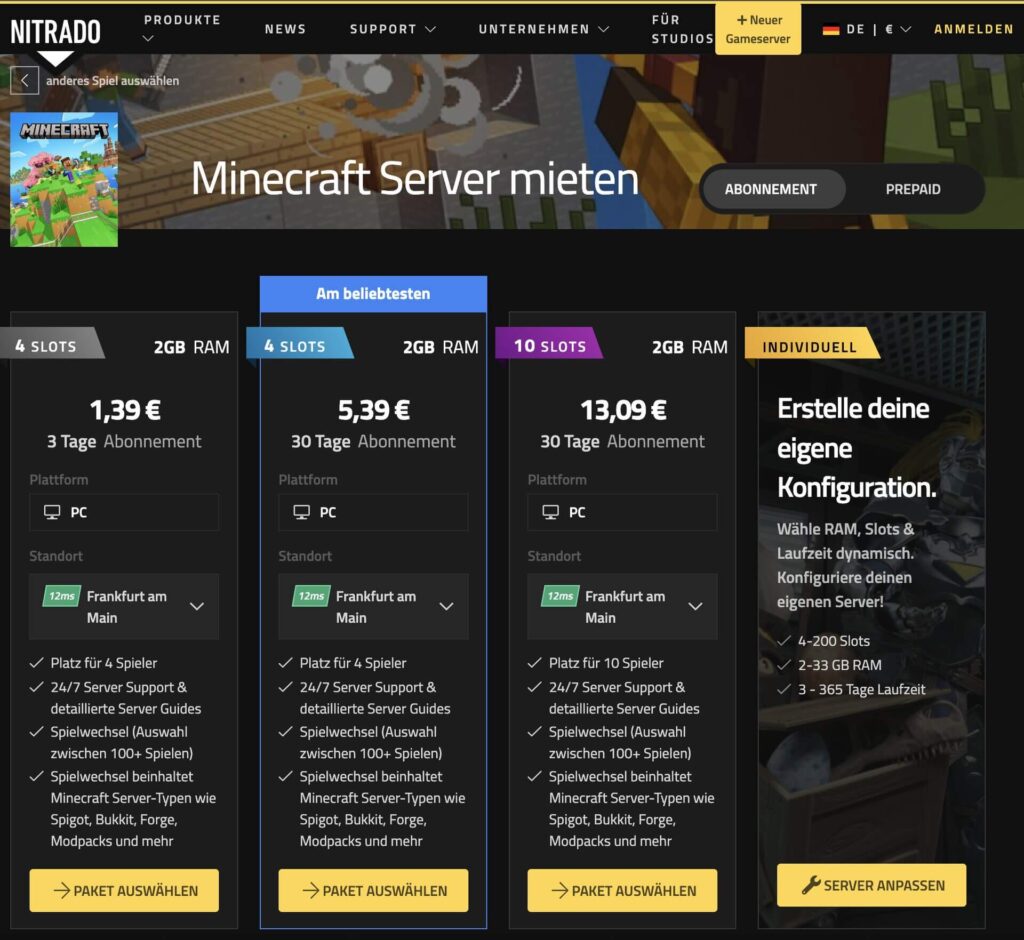 Nitrado Minecraft-Hosting für Server verschiedenster Performance-Stufen