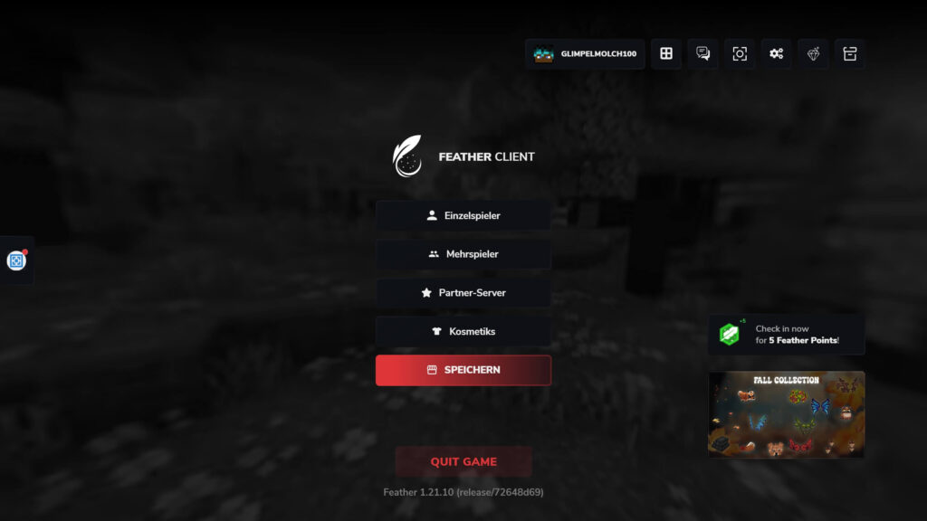 Startbildschirm des Minecraft Feather-Client in der Minecraft-Version 1.21.10